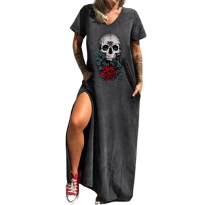 Robe Longue Tete de Mort Crâne Goth et Rose Rouge