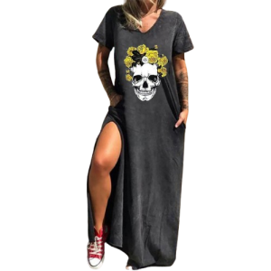 Robe Longue Tete de Mort Grand Crâne Fleuri