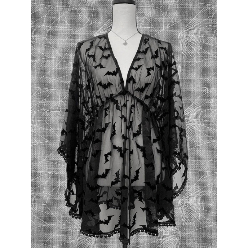 Robe Gothique Transparente en Mousseline de Soir Motifs Chauve-Souris modèle noir