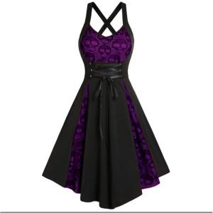 Robe Tête de Mort Gothique Crânes Effet Dentelle - Violet