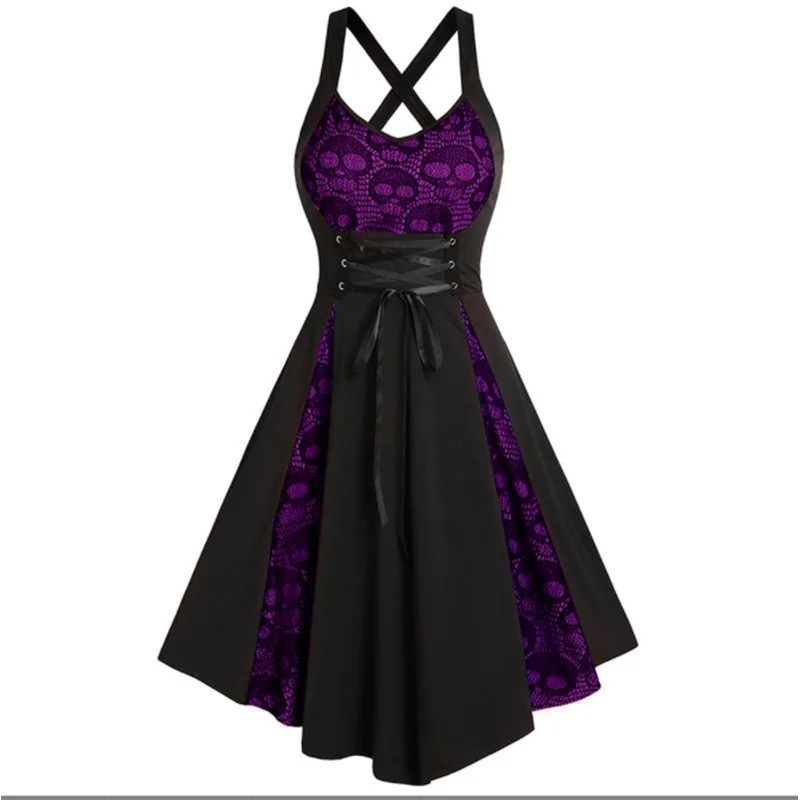 Robe Tête de Mort Gothique Crânes Effet Dentelle - Violet