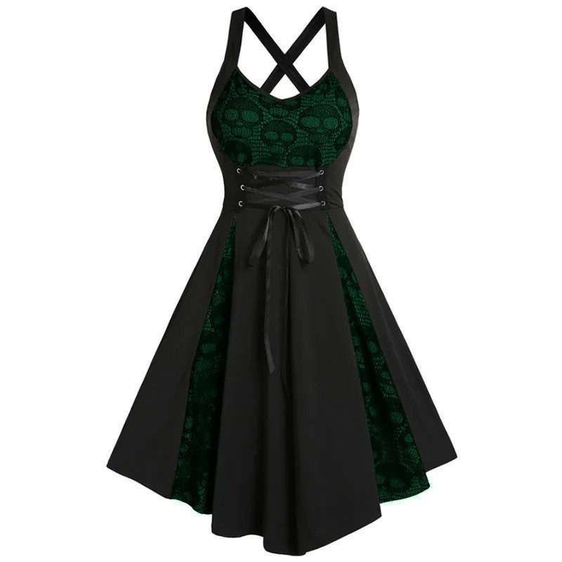 Robe Tête de Mort Gothique Crânes Effet Dentelle - Vert