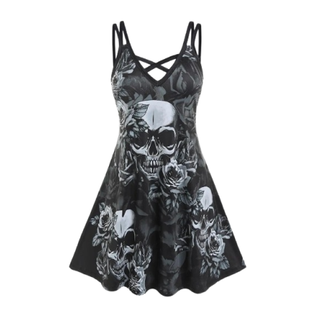 Robe Tête de Mort Gothique Crânes Furieux et Roses Noires