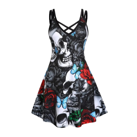 Robe Tête de Mort avec Grands Crânes, Papillons et Roses Rouges