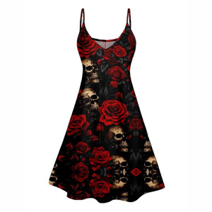 Robe Gothique avec Grand Crâne Ensanglanté et Roses Rouges et Blanches modèle 2