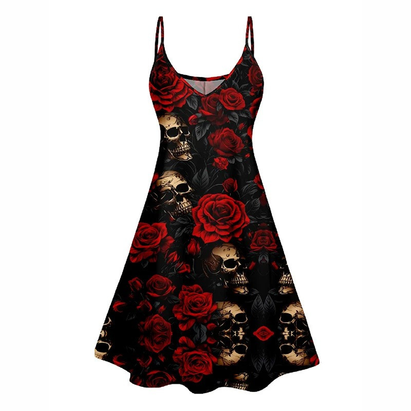 Robe Gothique avec Grand Crâne Ensanglanté et Roses Rouges et Blanches modèle 2