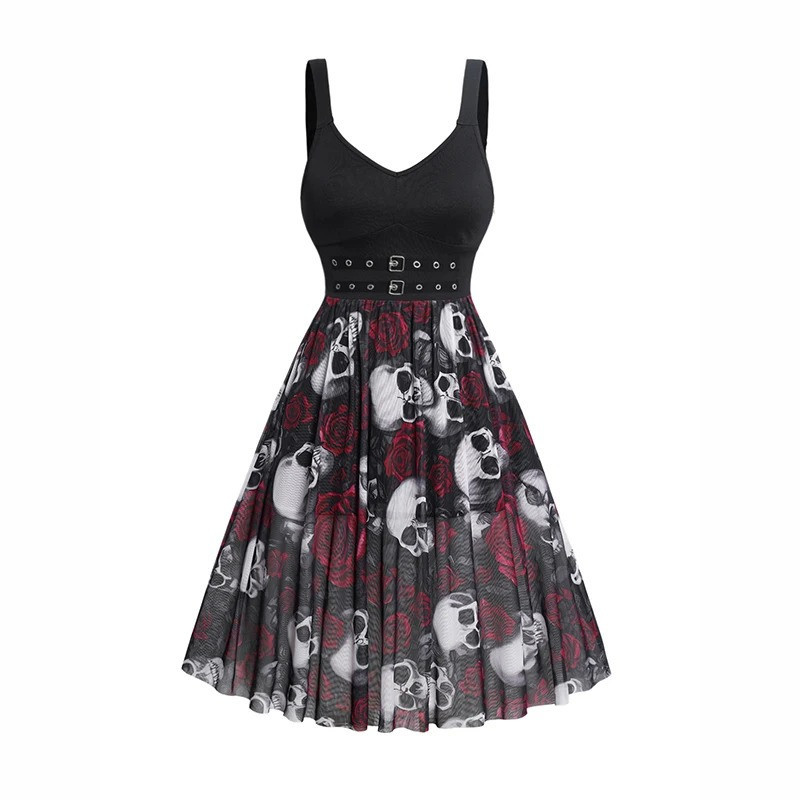 Robe Gothique avec Grand Crâne Ensanglanté et Roses Rouges et Blanches modèle 3