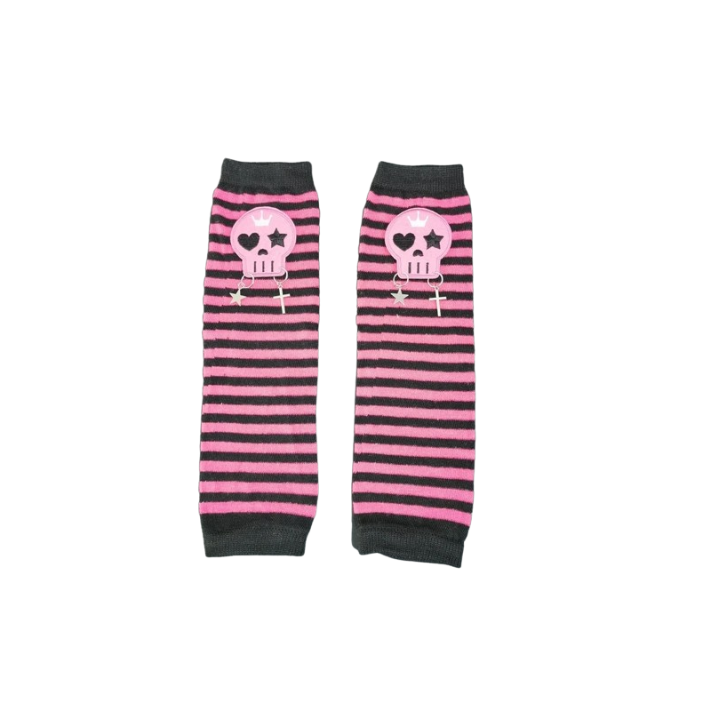 Détails Gants Longs Skull Mitaines Gothique Sans doigts pour femme à Rayures roses et noires