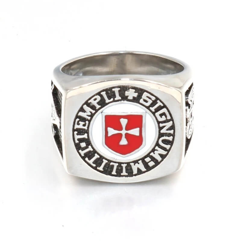 Magnifique Bague Templier Croix Chevalier rouge inscription Templi Signum Militi