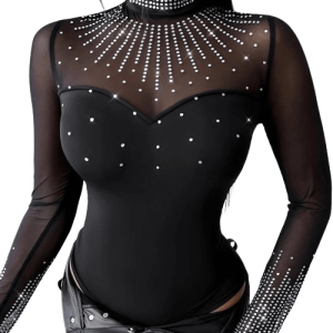 détail T-shirt Body Rock N Roll en Dentelle Noire et Strass pour femme