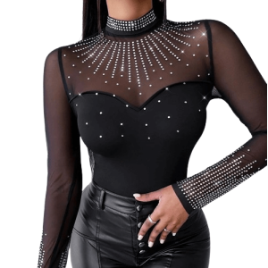 Magnifique T-shirt Body Rock N Roll en Dentelle Noire et Strass pour femme