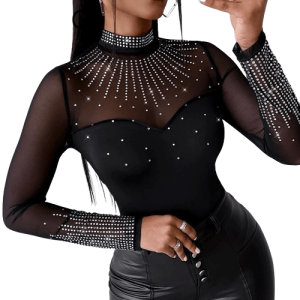 T-shirt Body Rock N Roll en Dentelle Noire et Strass pour femme