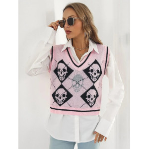 Magnifique Pull avec motif tête de mort gothique en tricot sans manches couelur rose