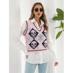 Pull avec motif tête de mort gothique en tricot sans manches couleur rose