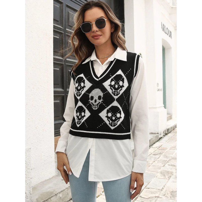 Pull avec motif tête de mort gothique en tricot sans manches