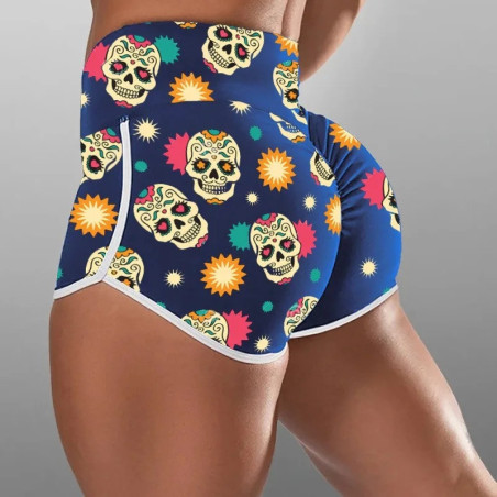 Short Yoga Gym Crânes Skull Fiesta de los Muertos pour femme couleur bleur