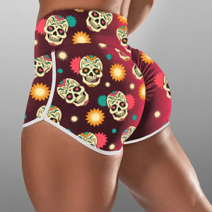 Short Yoga Gym Crânes Skull Fiesta de los Muertos pour femme couleur rouge