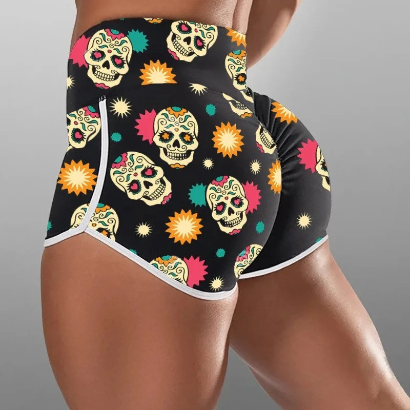 Short Yoga Gym Crânes Skull Fiesta de los Muertos pour femme couleur noir