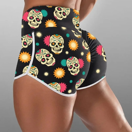 Short Yoga Gym Crânes Skull Fiesta de los Muertos pour femme couleur noir