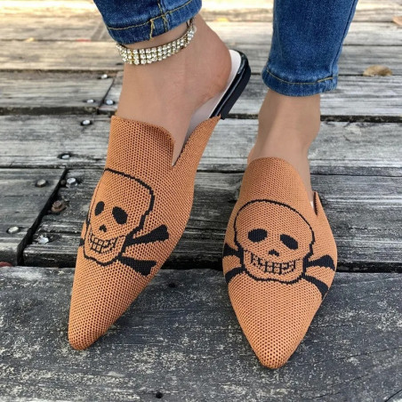Sandales Tête de Mort mofit Skull Mules à talons bas pour femmes couleur beige