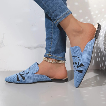 vue complètes des Sandales Tête de Mort mofit Skull Mules à talons bas pour femmes couleur bleu