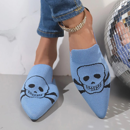 vue cportée des Sandales Tête de Mort mofit Skull Mules à talons bas pour femmes couleur bleu