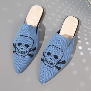 magnifiques Sandales Tête de Mort mofit Skull Mules à talons bas pour femmes couleur bleu