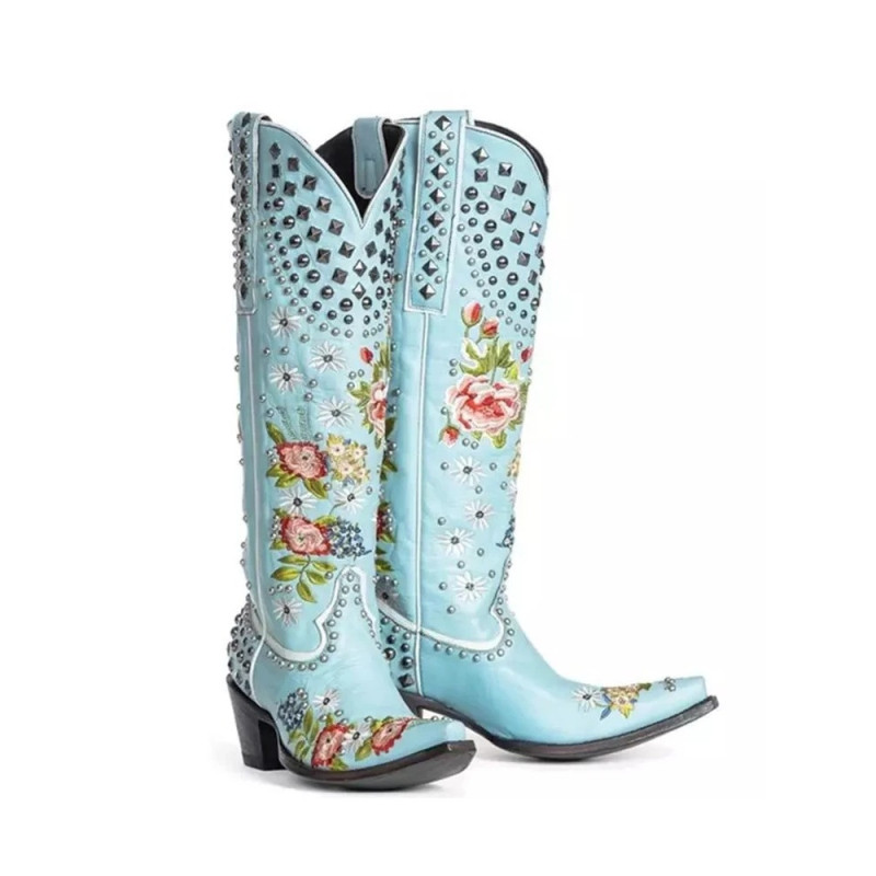 détails des Santiags à motifs Fleuris Rock N Roll pour femme couleur bleu