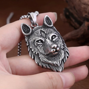 Magnifique Collier Viking tête de loup en acier inoxydable