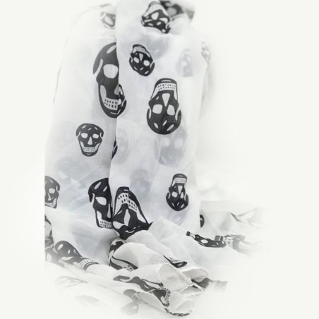 Foulard tête de mort en mousseline de soie - 150 cm x 50 cm - couleur blanc