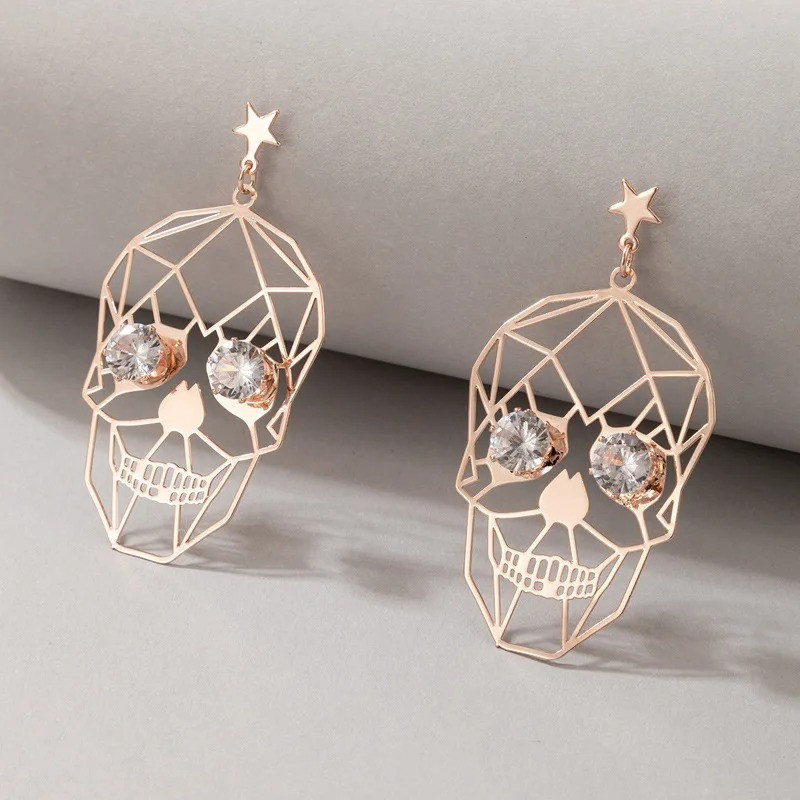 Boucles d'Oreilles Tête de Mort Diamants couleur or rose