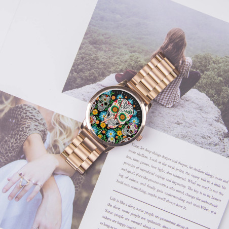 Montre Tête de Mort Crane Mexicain Fleuri Modèle 5