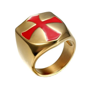 Bague Templier à motif croix rouge en acier inoxydable couleur or
