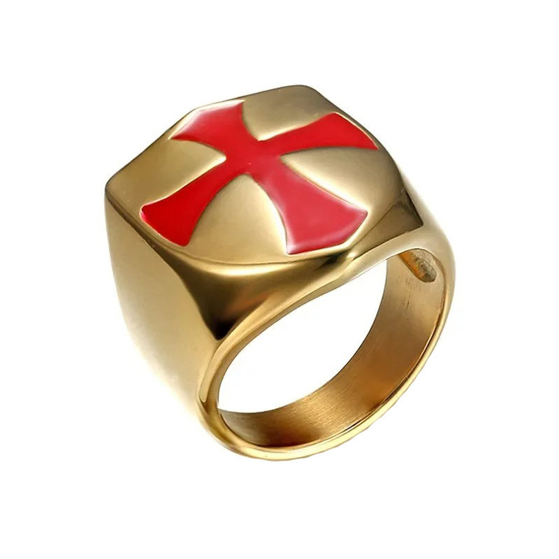 Bague Templier à motif croix rouge en acier inoxydable couleur or