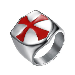 Bague Templier à motif croix rouge en acier inoxydable couleur Argent