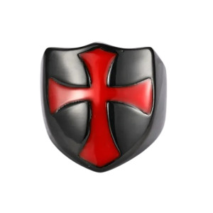 Bague Templier à motif croix rouge en acier inoxydable couleur Noir