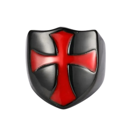 Bague Templier à motif croix rouge en acier inoxydable couleur Noir
