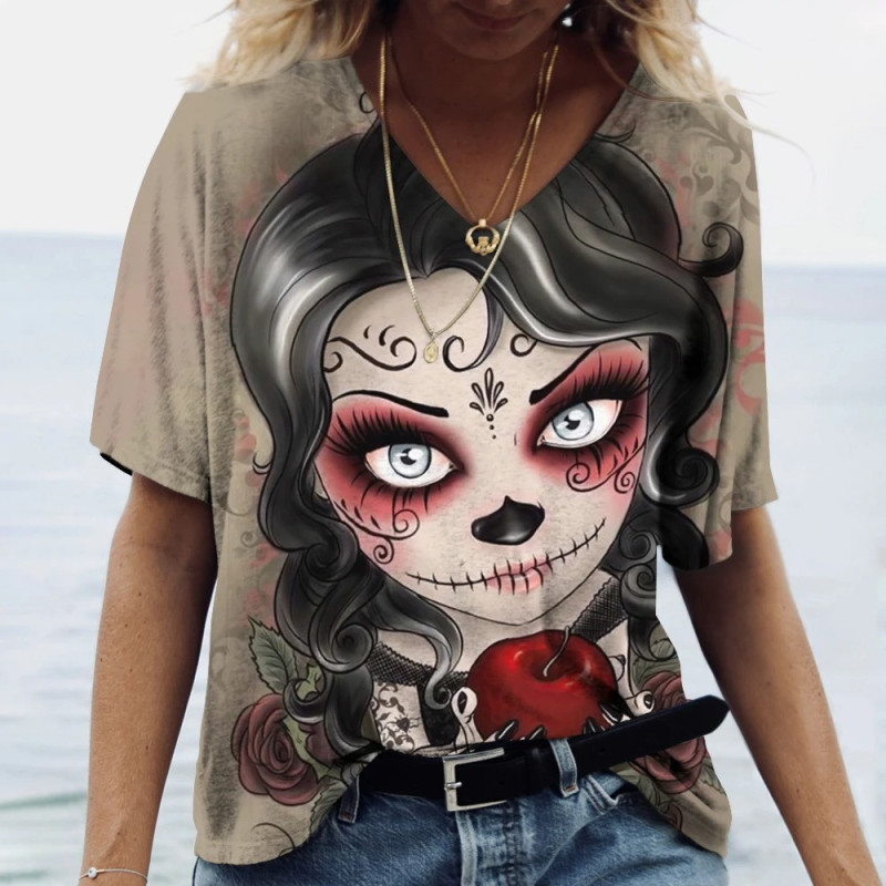 Magnifique T-shirt Tête de mort fleuri à manches longues et col en V pour femme modèle 1