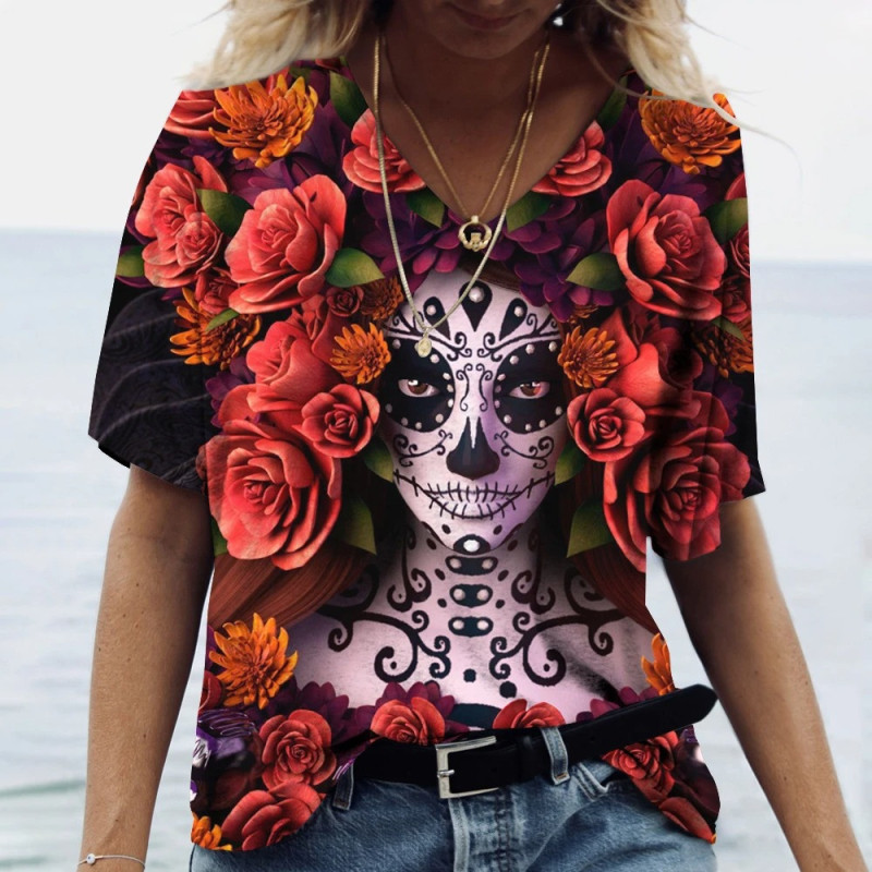Magnifique T-shirt Tête de mort fleuri à manches longues et col en V pour femme modèle 3