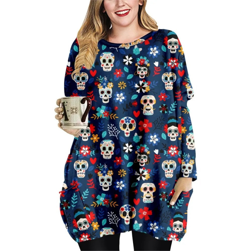 T-shirt tête de mort manches longues pour femme couleur Blue