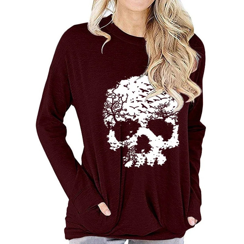 Sweatshirt Tête de Mort Crâne inspiré pour femme couleur Bordeaux Burgundy