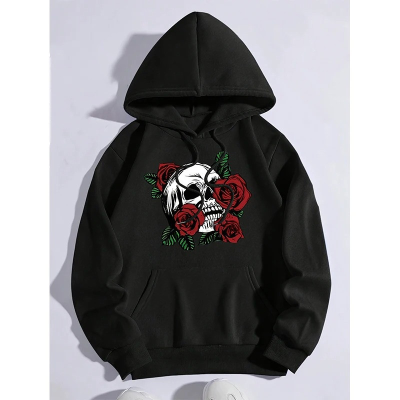 Hoodie Gothique Rose et Crâne couleur noir