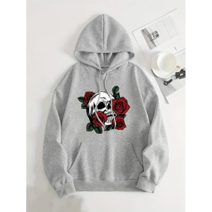 Hoodie Gothique Rose et Crâne couleur gris