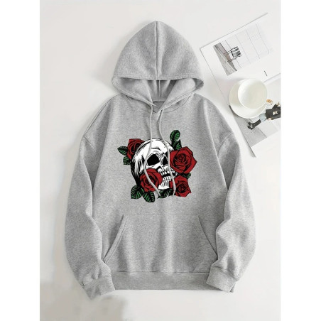 Hoodie Gothique Rose et Crâne couleur gris
