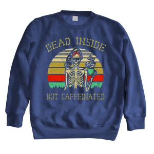 Sweatshirt  tête de mort inscription Dead Inside But Caffeinated à col rond pour femme couleur Bleu Marine