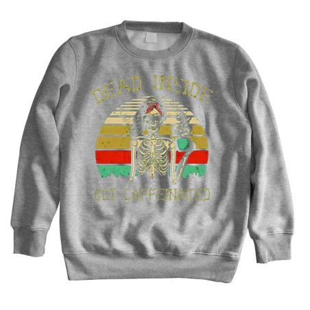 Sweatshirt  tête de mort inscription Dead Inside But Caffeinated à col rond pour femme couleur Gris clair