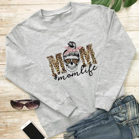 Sweat à capuche imprimé squelette à manches longues et col rond pour femmes couleur Gris