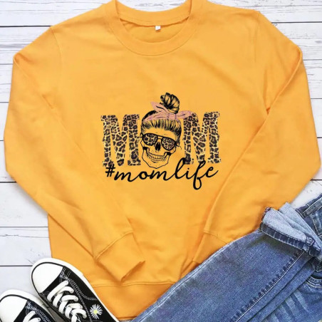 Sweat à capuche imprimé squelette à manches longues et col rond pour femmes couleur Jaune