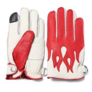 Paire de Gants Tête de Mort de Moto en Cuir Design Flammes de l'enfer couleur rouge