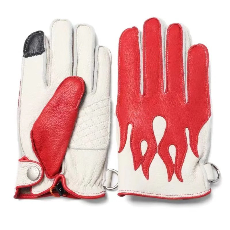 Paire de Gants Tête de Mort de Moto en Cuir Design Flammes de l'enfer couleur rouge